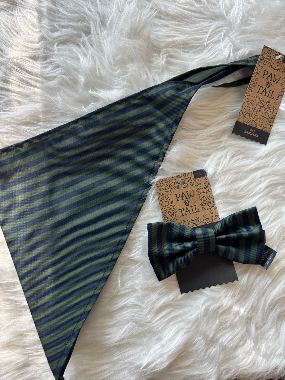 Navy and Olive Striped Dog Bandana & Bow Set
